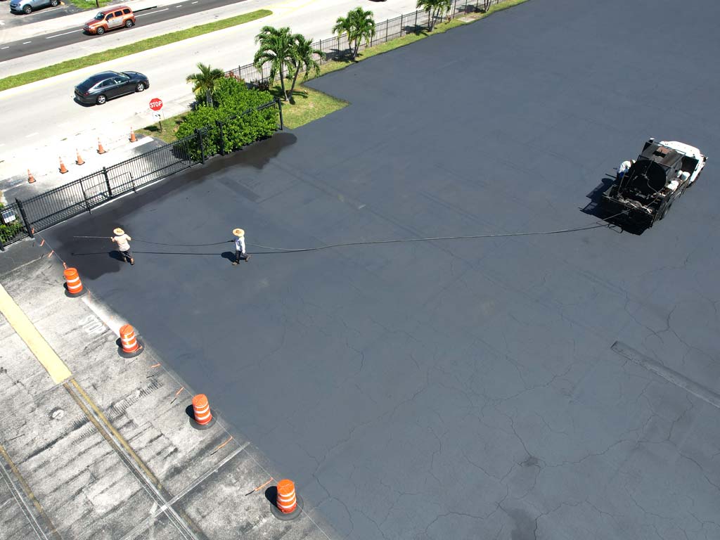 Sealcoating contractor 3-D Paving does a large commercial sealcoating job at a Casino in Hollywood Florida in 2022.