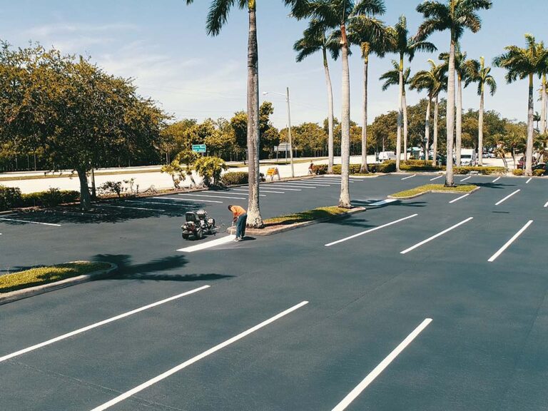 Parking lot striping at a shopping center in Boca Raton, FL done by 3-D Paving and Sealcoating in Coral Springs, FL