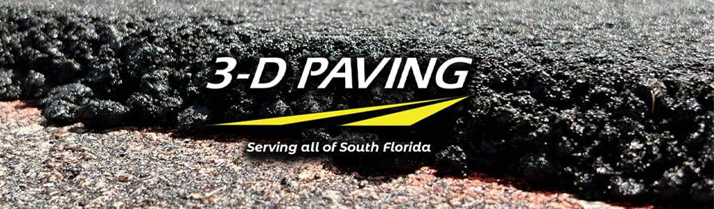 3-D Paving, the parking lot and asphalt paving contractor logo overlayed on a fresh final lift of asphalt paving in Pompano Beach, FL.