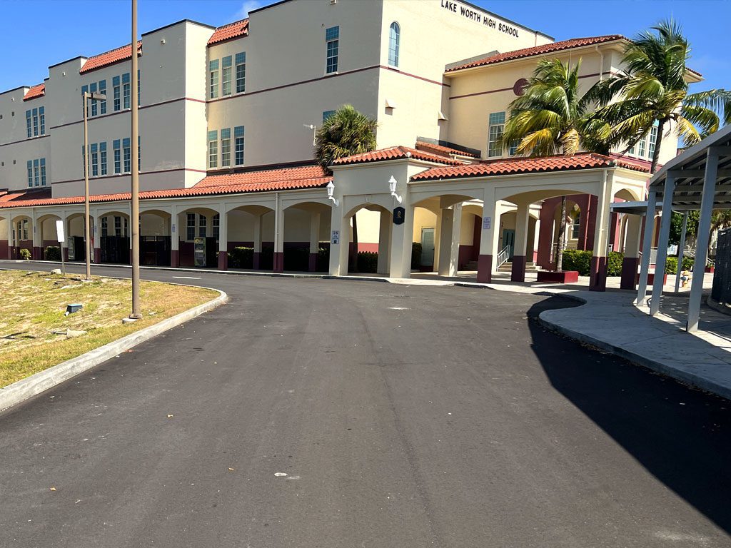 School parking lot and campus asphalt paving job in Lake Worth, FL.