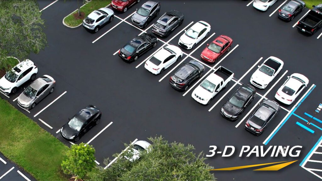Aerial shot of a freshly paved parking lot with sealcoating, striping, pavement markings, signs and more in Fort Lauderdale, FL. Looking for Sealcoating in Pompano Beach? Call the experts at 3-D Paving today! 1-855-735-ROAD. Looking for asphalt in Delray Beach? Looking for Sealcoating in Deray Beach? Call 3-D Paving. Asphalt paving in Coconut Creek? Sealcoating in Coconut Creek? Call 3-D Paving and Sealcoating. Asphalt is Sunrise, FL? Sealcoating in Sunrise, FL? Call 30D Paving.