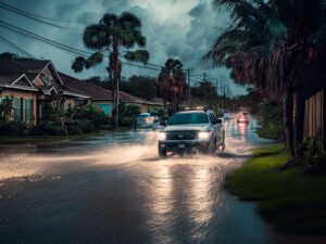 White emergency truck navigating through a heavily flooded residential street in South Florida during a storm, signifying immediate drainage repair and stormwater repair services and needs.