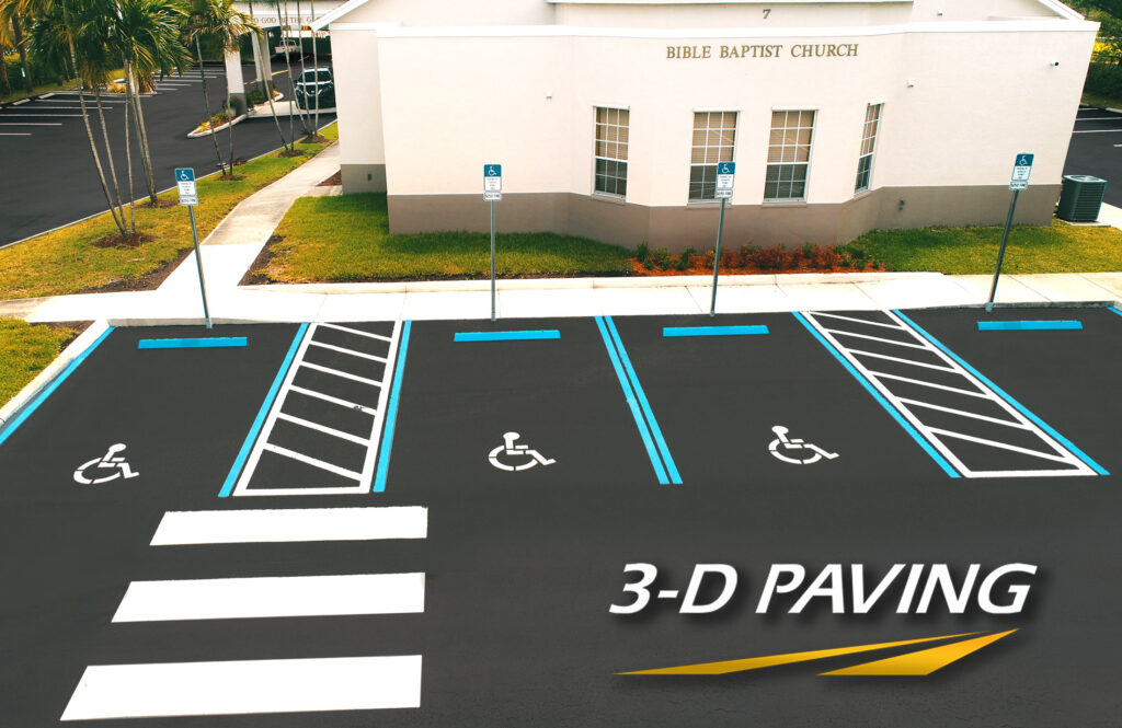 South Florida church parking lot with freshly applied vinyl and thermoplastic striping in the form of parking stall lines and ADA compliance parking stalls.