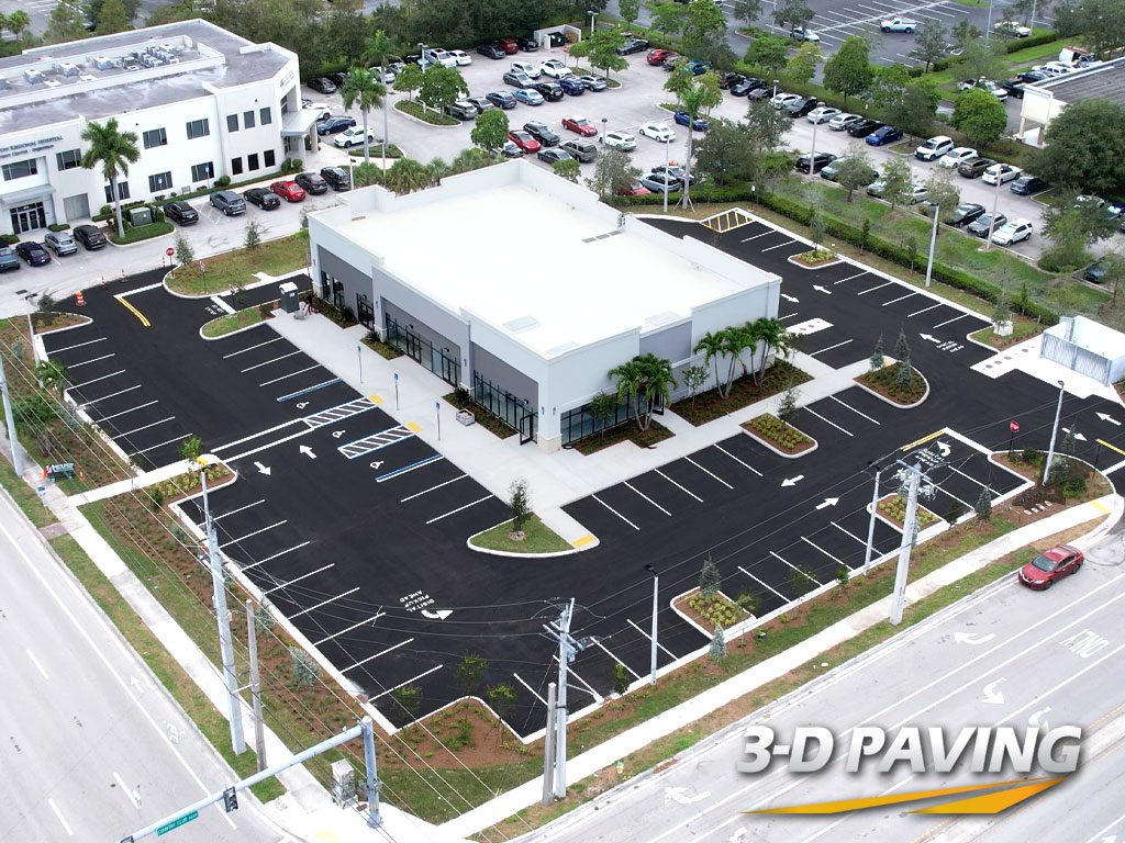 Retail site development project completion in Deerfield Beach, FL in September, 5th 2023 by commercial paving contractor 3-D Paving and Sealcoating. Commercial paving services and commercial concrete services throughout all of South Florida.
